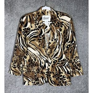Vintage‎ Sara One Button Blazer Womens Sz Small Brown Black Animal Print Pockets